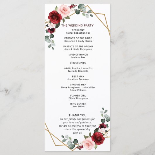 Burgundy Blush Floral Modern Geometric Wedding Programmakaart (Achterkant)