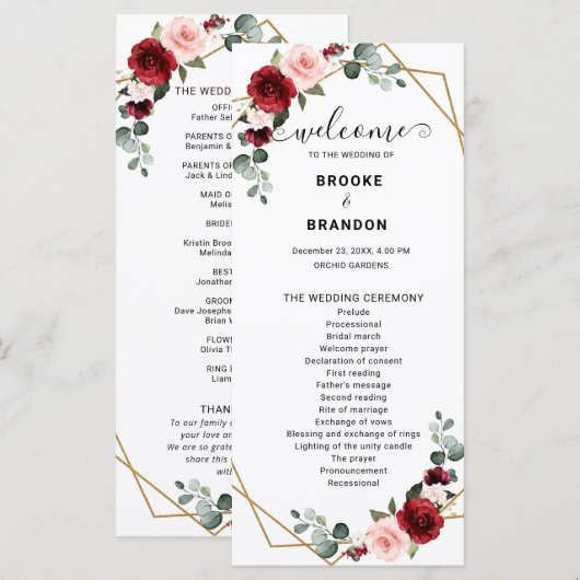 Burgundy Blush Floral Modern Geometric Wedding Programmakaart (Voorkant / Achterkant)