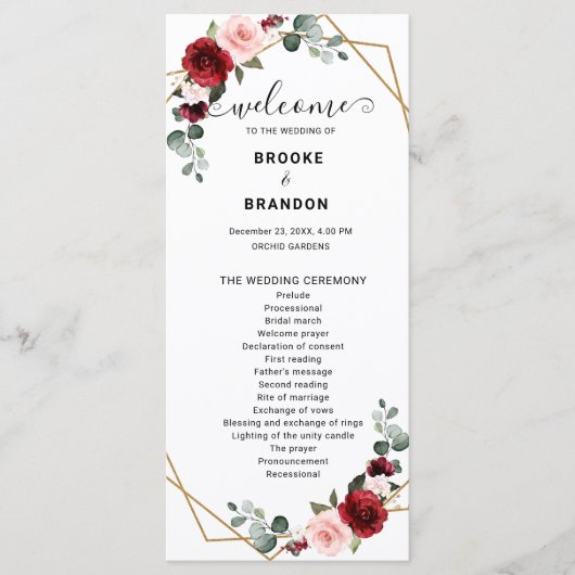 Burgundy Blush Floral Modern Geometric Wedding Programmakaart (Voorkant)