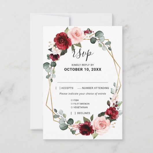 Burgundy Blush Floral Modern Geometric Wedding RSVP Kaartje (Voorkant)