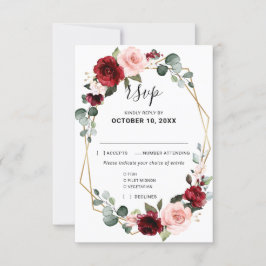 Burgundy Blush Floral Modern Geometric Wedding RSVP Kaartje