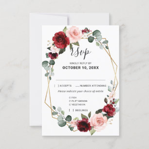 Burgundy Blush Floral Modern Geometric Wedding RSVP Kaartje