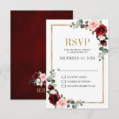 Burgundy Blush Floral Modern Geometric Wedding RSVP Kaartje (Voorkant / Achterkant)