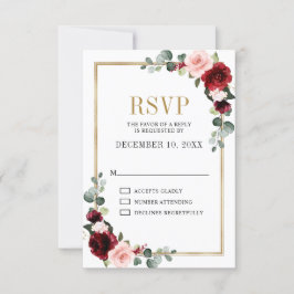 Burgundy Blush Floral Modern Geometric Wedding RSVP Kaartje