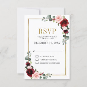 Burgundy Blush Floral Modern Geometric Wedding RSVP Kaartje