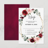 Burgundy Blush Floral Modern Geometric Wedding RSVP Kaartje (Voorkant / Achterkant)