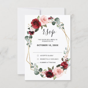 Burgundy Blush Floral Modern Geometric Wedding RSVP Kaartje