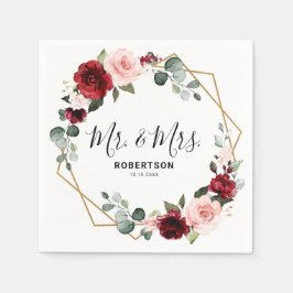 Burgundy Blush Floral Modern Geometric Wedding Servet