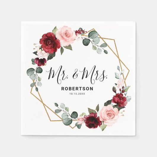 Burgundy Blush Floral Modern Geometric Wedding Servet (Voorkant)