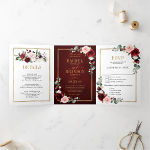 Burgundy Blush Floral Modern Geometric Wedding Tri Drieluik Aankondiging