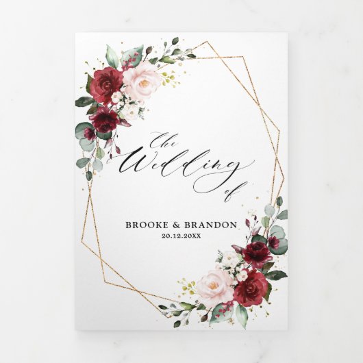 Burgundy Blush Floral Modern Geometric Wedding Tri Drieluik Programma (Cover)