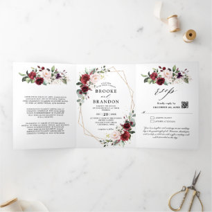 Burgundy Blush Floral Modern Geometric Wedding Tri Drieluik Programma