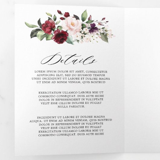Burgundy Blush Floral Modern Geometric Wedding Tri Drieluik Programma (Binnenzijde eerst)