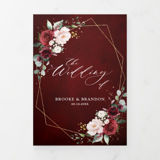 Burgundy Blush Floral Modern Geometric Wedding Tri Drieluik Programma (Cover)