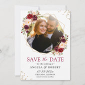 Burgundy Blush Floral Modern Gold Geometric Foto Save The Date (Voorkant)
