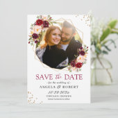 Burgundy Blush Floral Modern Gold Geometric Foto Save The Date (Staand voorkant)