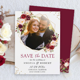 Burgundy Blush Floral Modern Gold Geometric Foto Save The Date