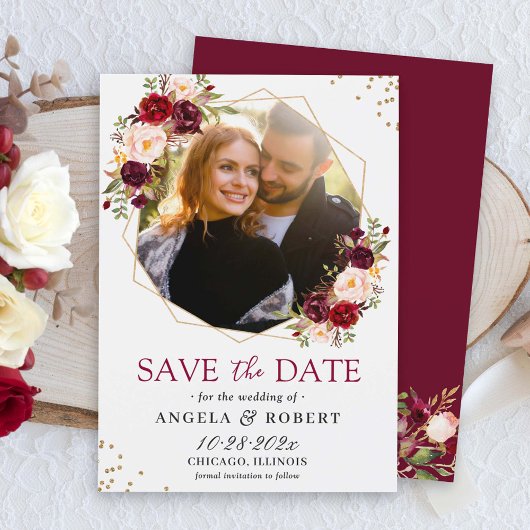 Burgundy Blush Floral Modern Gold Geometric Foto Save The Date