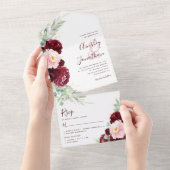 Burgundy Blush Floral Modern Wedding All In One Uitnodiging (Afscheurbaar)