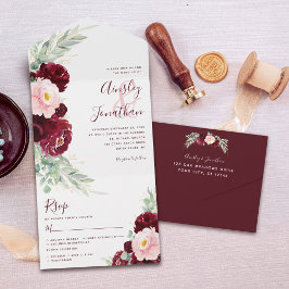 Burgundy Blush Floral Modern Wedding All In One Uitnodiging
