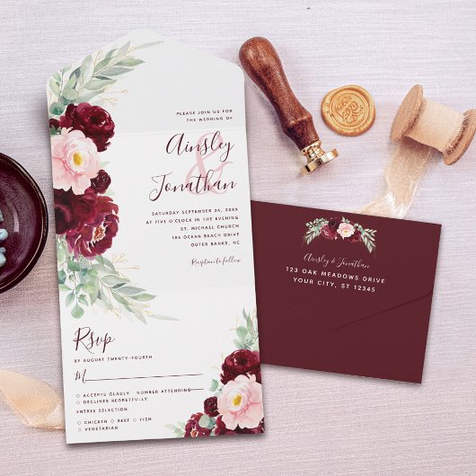 Burgundy Blush Floral Modern Wedding All In One Uitnodiging