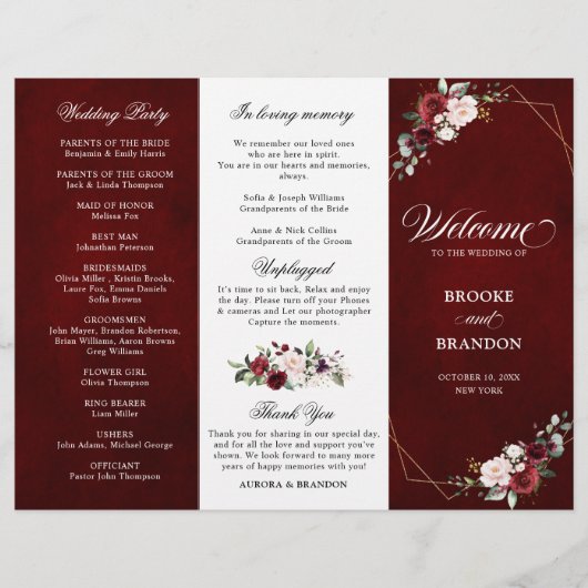 Burgundy Blush Floral Modern Wedding Programme (Voorkant)
