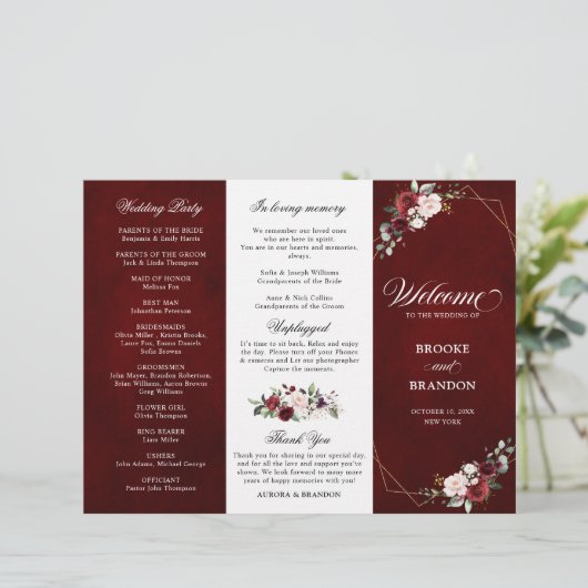 Burgundy Blush Floral Modern Wedding Programme (Staand voorkant)
