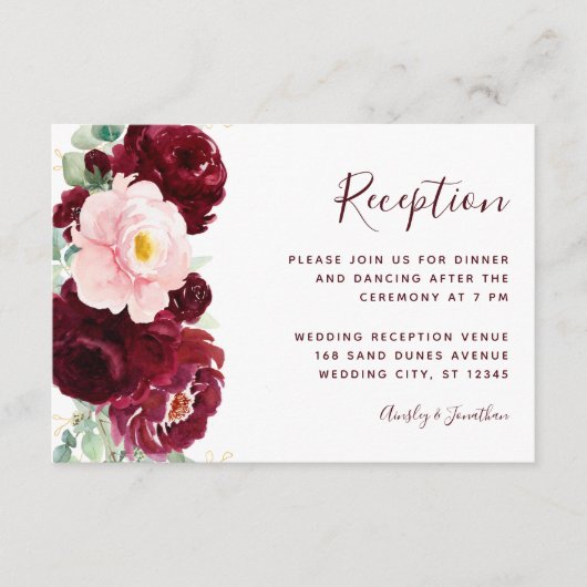 Burgundy Blush Floral Modern Wedding Reception Informatiekaartje (Voorkant)