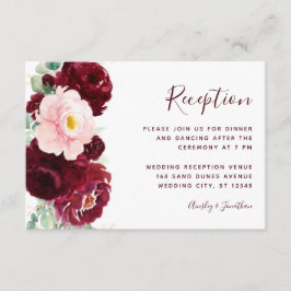 Burgundy Blush Floral Modern Wedding Reception Informatiekaartje