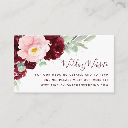 Burgundy Blush Floral Modern Wedding Website Informatiekaartje (Voorkant)