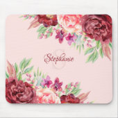 Burgundy Blush Floral Monogram Naam Muismat (Voorkant)