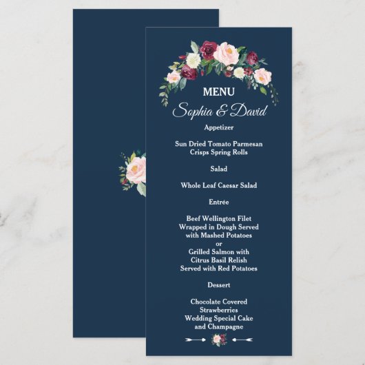 Burgundy Blush Floral Navy Blue Floral Wedding Menu (Voorkant / Achterkant)