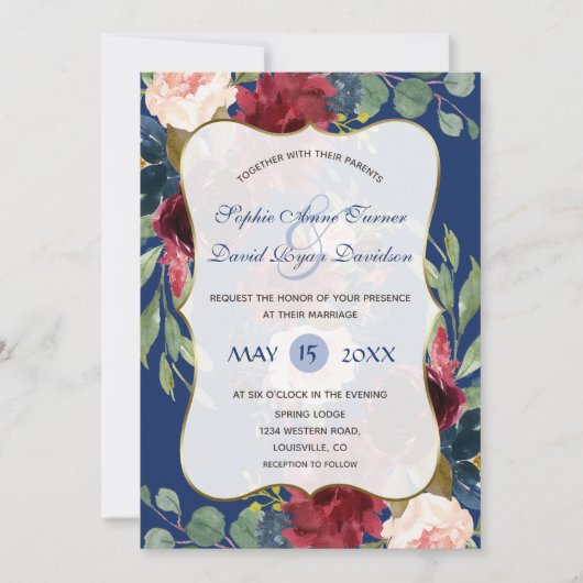 Burgundy Blush Floral Navy Blue Gold Wedding Kaart (Voorkant)