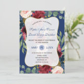 Burgundy Blush Floral Navy Blue Gold Wedding Kaart (Staand voorkant)