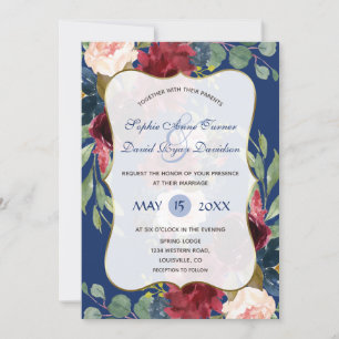 Burgundy Blush Floral Navy Blue Gold Wedding Kaart