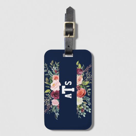 Burgundy Blush Floral Navy Blue Monogram Bagagelabel (Voorkant (verticaal))
