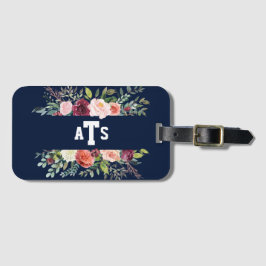 Burgundy Blush Floral Navy Blue Monogram Bagagelabel