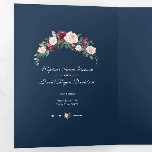 Burgundy Blush Floral Navy Blue Photo Weddenschap Drieluik Programma (Binnenzijde eerst)