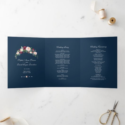 Burgundy Blush Floral Navy Blue Photo Weddenschap Drieluik Programma (Binnen)