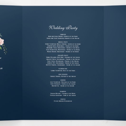 Burgundy Blush Floral Navy Blue Photo Weddenschap Drieluik Programma (Binnenkant midden)