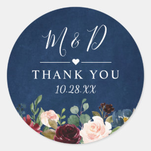Burgundy Blush Floral Navy Blue Weddenschap Ronde Sticker