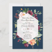 Burgundy Blush Floral Navy Blue Wedding Evening Kaart (Voorkant)