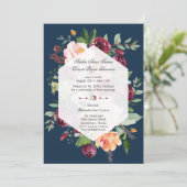 Burgundy Blush Floral Navy Blue Wedding Evening Kaart (Staand voorkant)