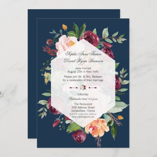 Burgundy Blush Floral Navy Blue Wedding Evening Kaart (Voorkant / Achterkant)