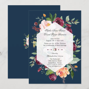Burgundy Blush Floral Navy Blue Wedding Evening Kaart