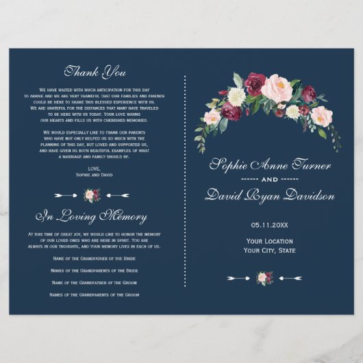 Burgundy Blush Floral Navy Blue Wedding Program Flyer (Voorkant)