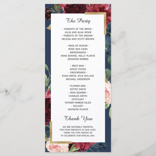 Burgundy Blush Floral Navy Blue Wedding Program Programmakaart (Achterkant)