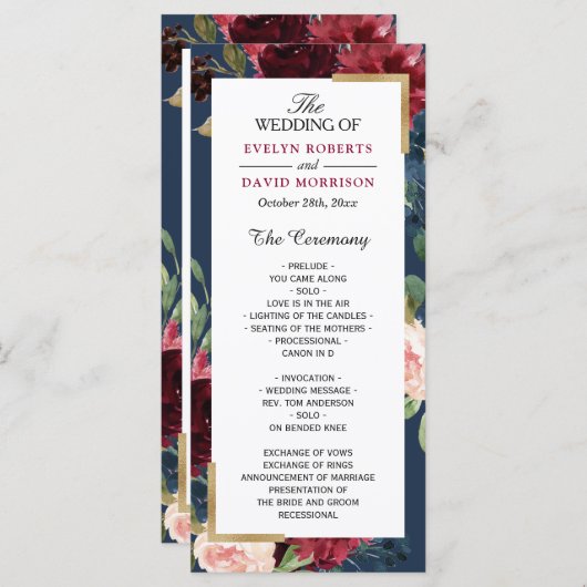 Burgundy Blush Floral Navy Blue Wedding Program Programmakaart (Voorkant / Achterkant)