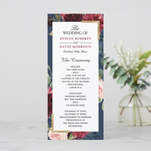 Burgundy Blush Floral Navy Blue Wedding Program Programmakaart (Staand voorkant)