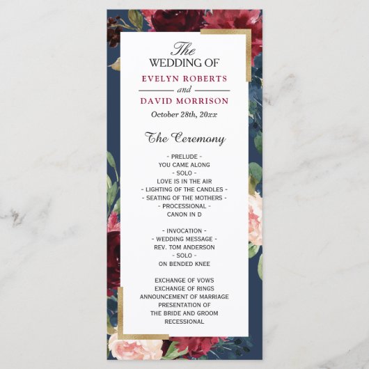 Burgundy Blush Floral Navy Blue Wedding Program Programmakaart (Voorkant)